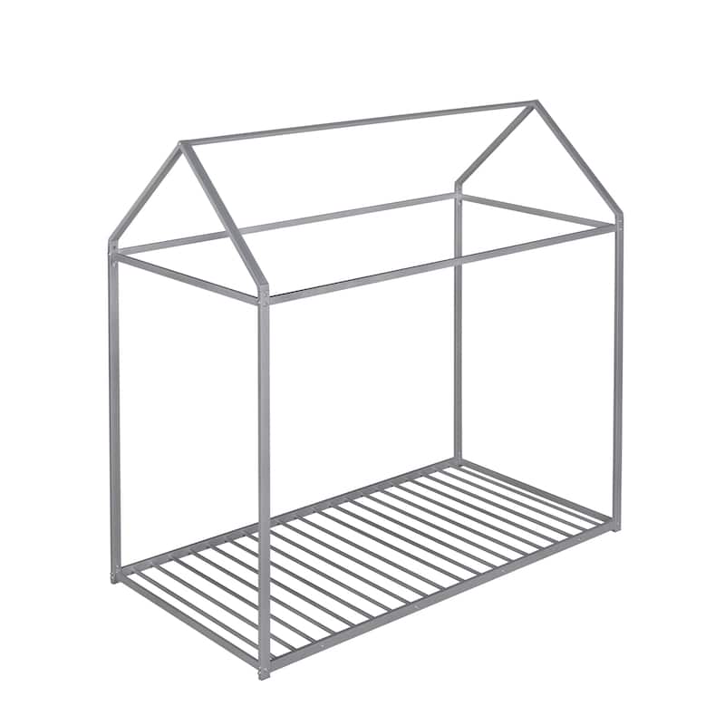 Twin Size Metal House Bed for Kids, Floor Bed Frame with Slats