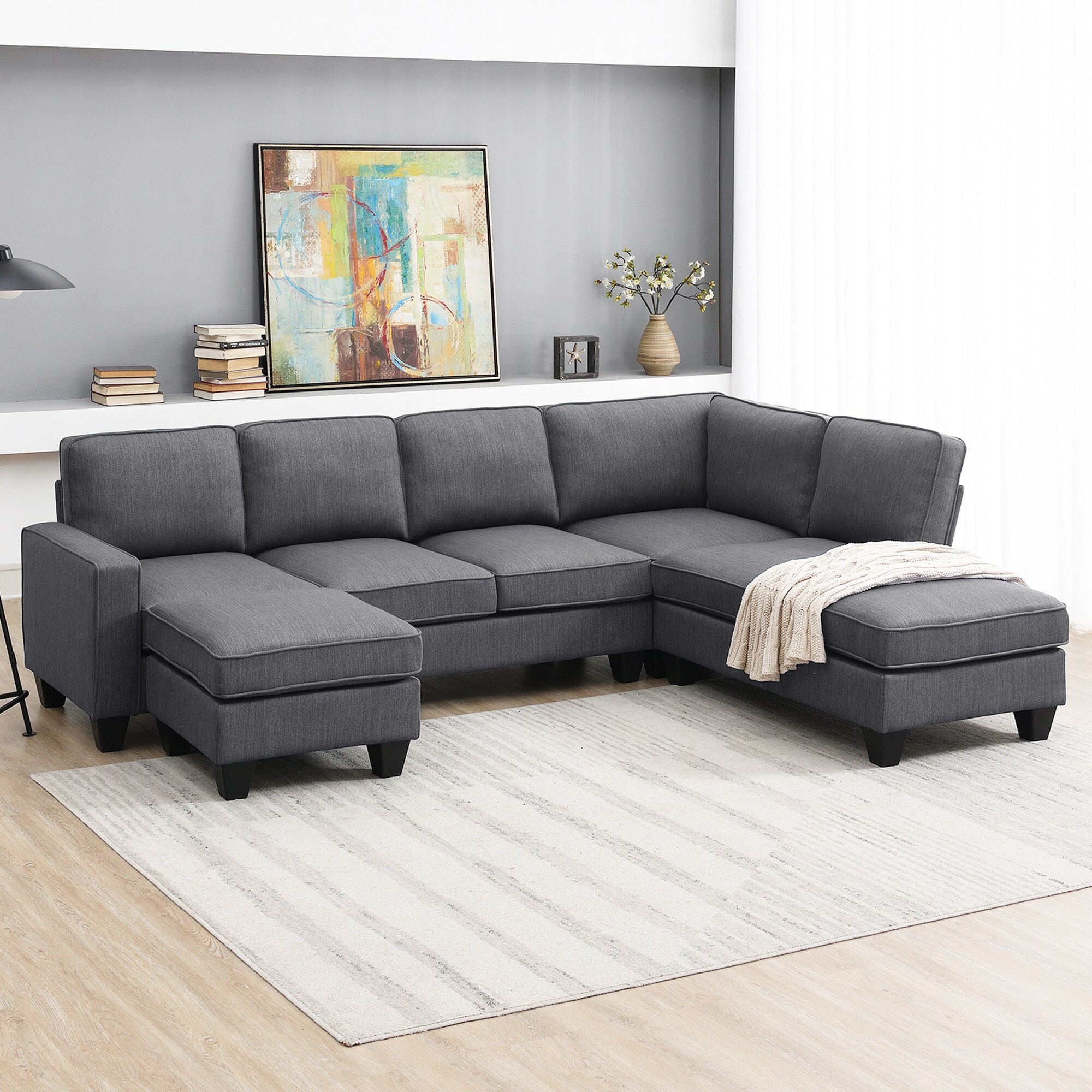 104 inch Upholstered 4-Seater Sofa Couch with 4 Pillows, Modern Linen Fabric Sofa with Armrest Pockets,Minimalist Style Couch for Living Room