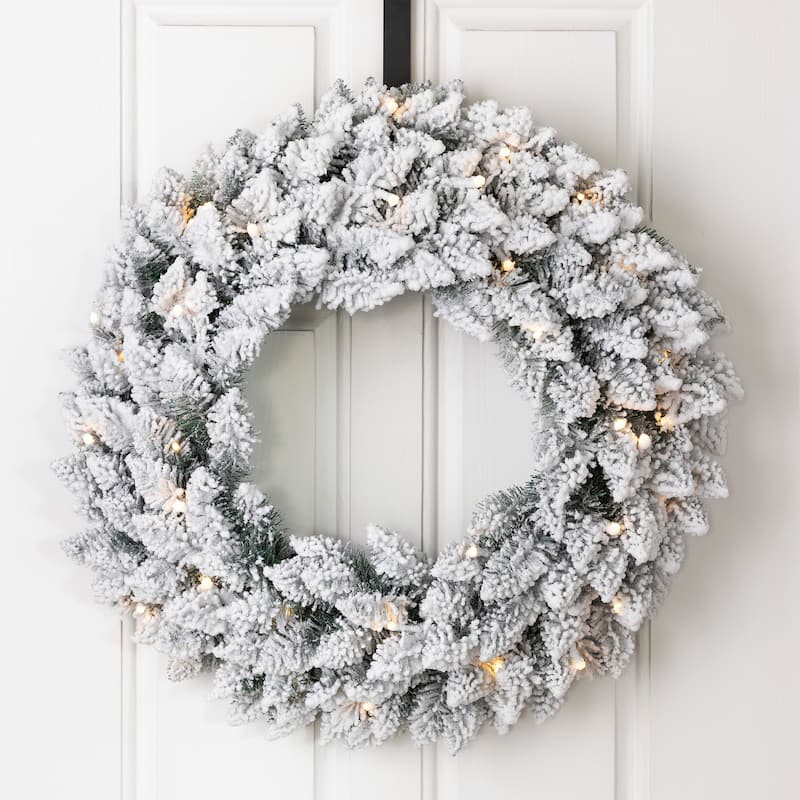 Glitzhome Snow Flocked Christmas Wreath or Garland with LED and Timer