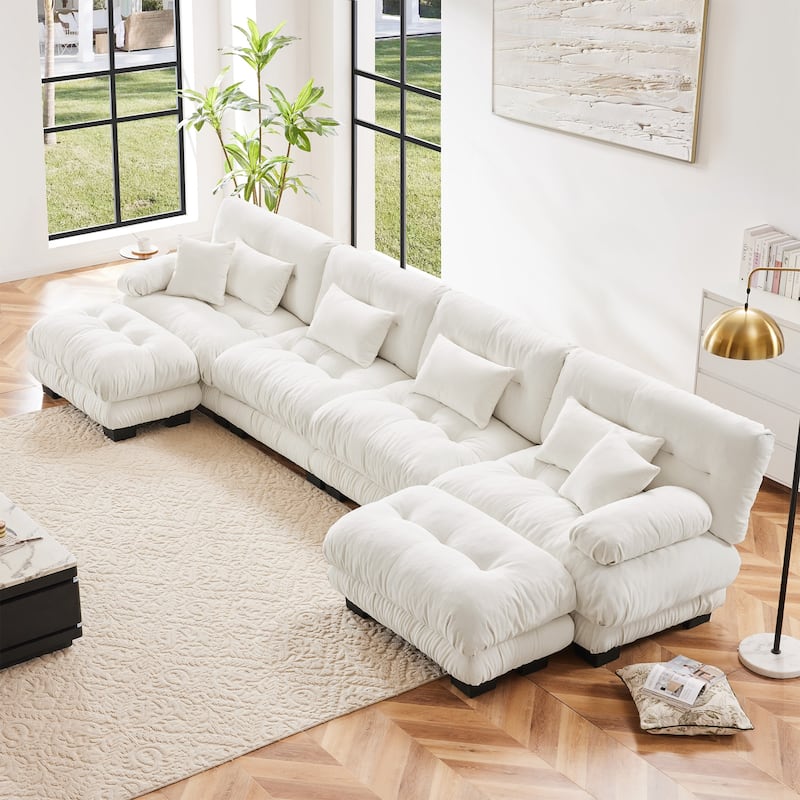 GDFStudio - Alden Chenille 4 Seater Cloud Sofa with Twin Ottoman Set - White