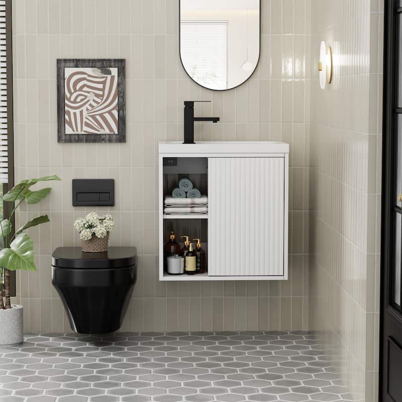 Single-Door Vertical Stripe Wall Cabinet with Integrated Basin - White
