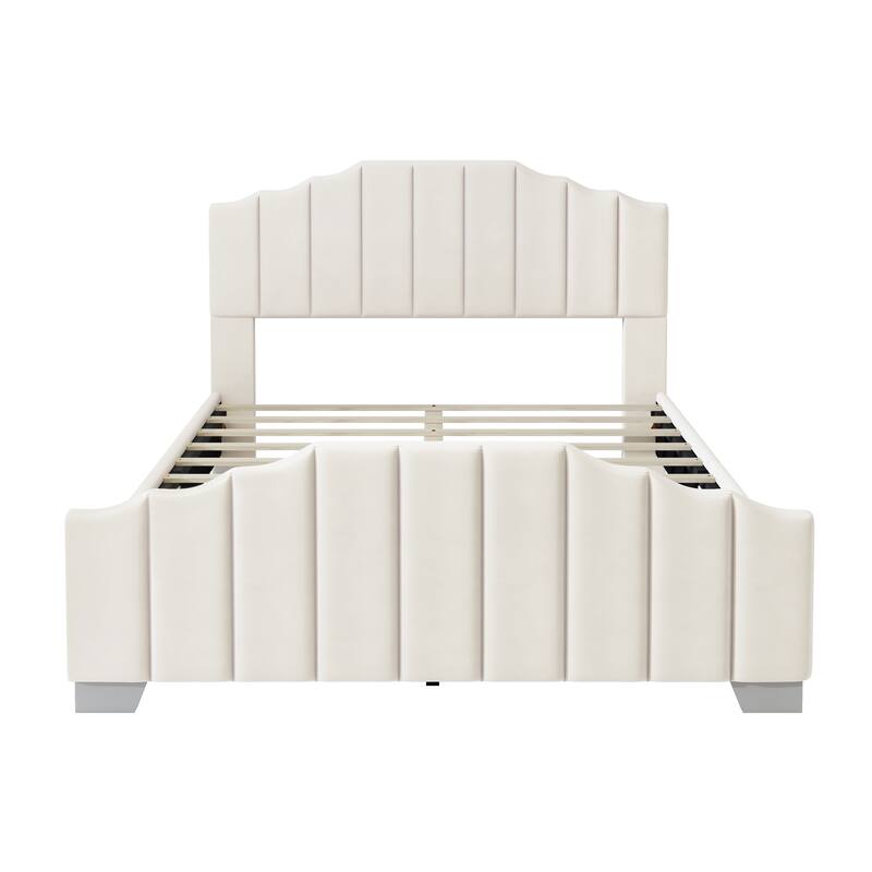 Full/Queen Velvet Upholstered Platform Bed Frame with Vertical Channel Tufted Headboard and Footboard, No Box Spring Needed