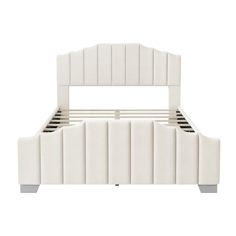 Queen Size Velvet Platform Bed with Vertical Channel Tufted Headboard and Footboard, Sturdy Wood Frame