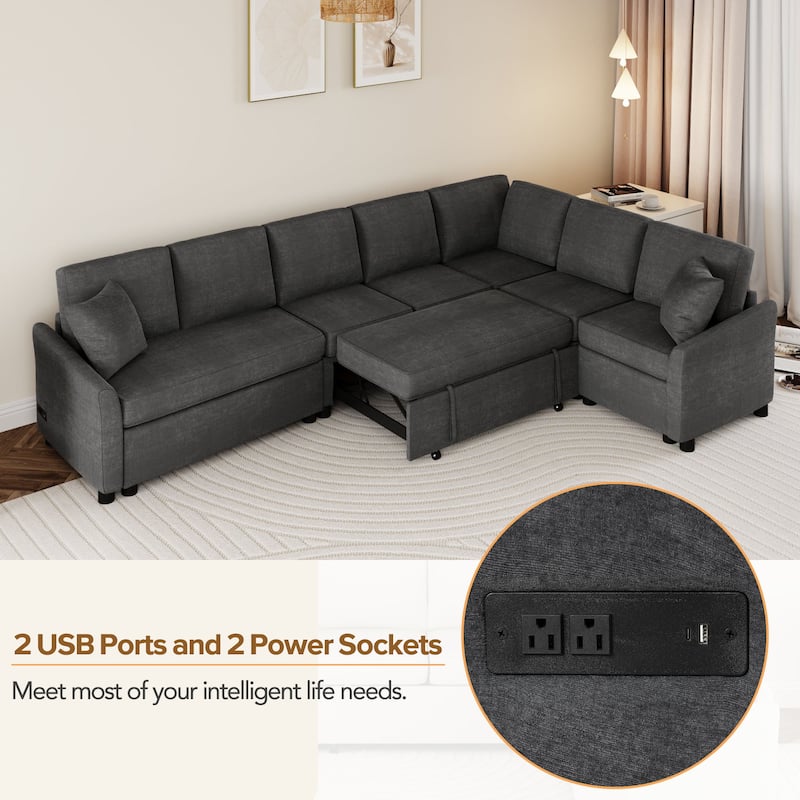 Roomfitters L-Shaped Convertible Pull-Out Sofa Bed with Two Back Pillows, USB Ports, and Power Sockets