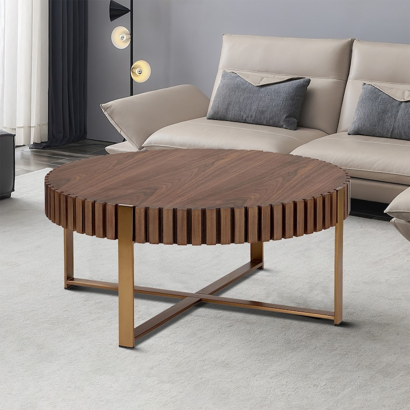 Vintage Stylish Wooden Round Coffee Table with Stainless Steel Legs - Walnut+Gold