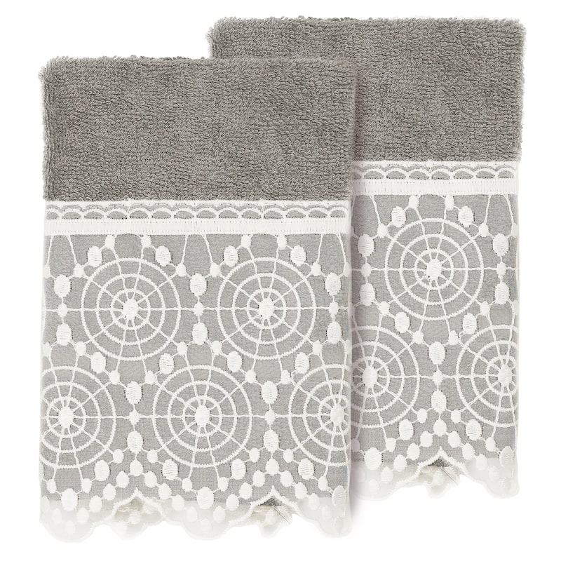 Authentic Hotel and Spa 100% Turkish Cotton Arian 2PC Cream Lace Embellished Washcloth Set - Dark Gray