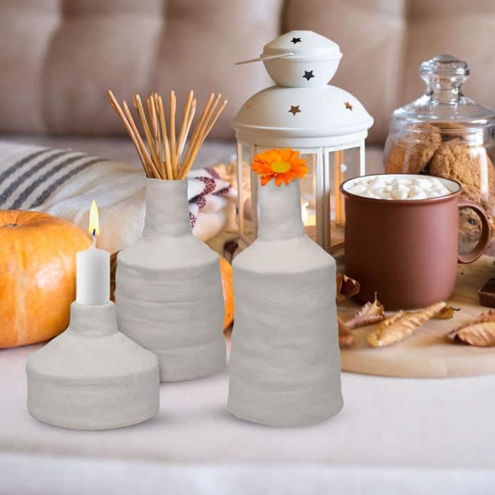 White Set of 3 Vintage Ceramic Candle Holders for Elegant Home Decor