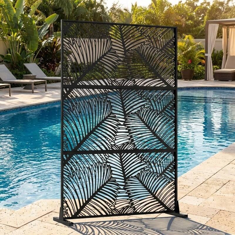 Freestanding Weatherproof Garden Divider Panel Privacy Screen, Fence for Patio Deck Backyard, Foliage Pattern - Black