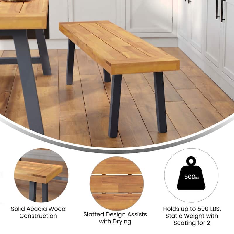 Indoor/Outdoor Solid Acacia Wood Slat Top Bench with Wood Legs