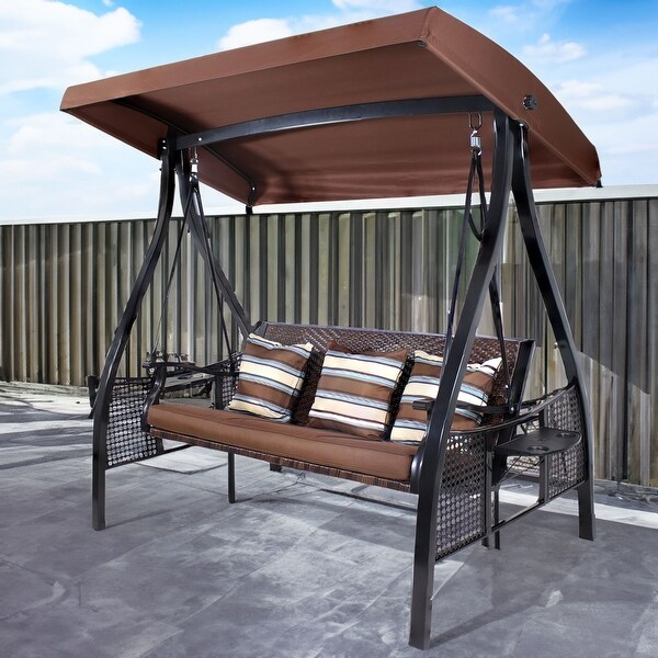 Sunnydaze Deluxe Steel Frame Brown Striped Cushion Canopy Swing
