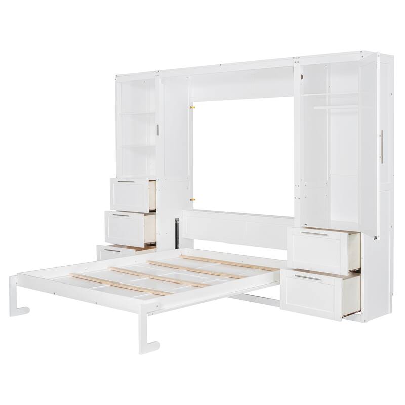Queen Size Wall Bed with Closet, Drawers, and Shelves in White