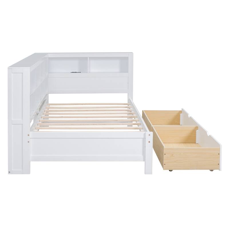 Wood Twin/Full Size DayBed with 2 Drawers, Storage Shelf and USB Charging Ports