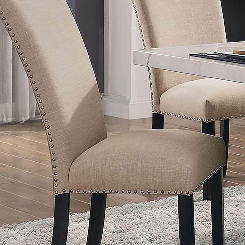 Beige Linen Like Fabric Contemporary 2pc Dining Side Chairs Nalihead Trim Black Solid wood Legs Dining Room Chairs
