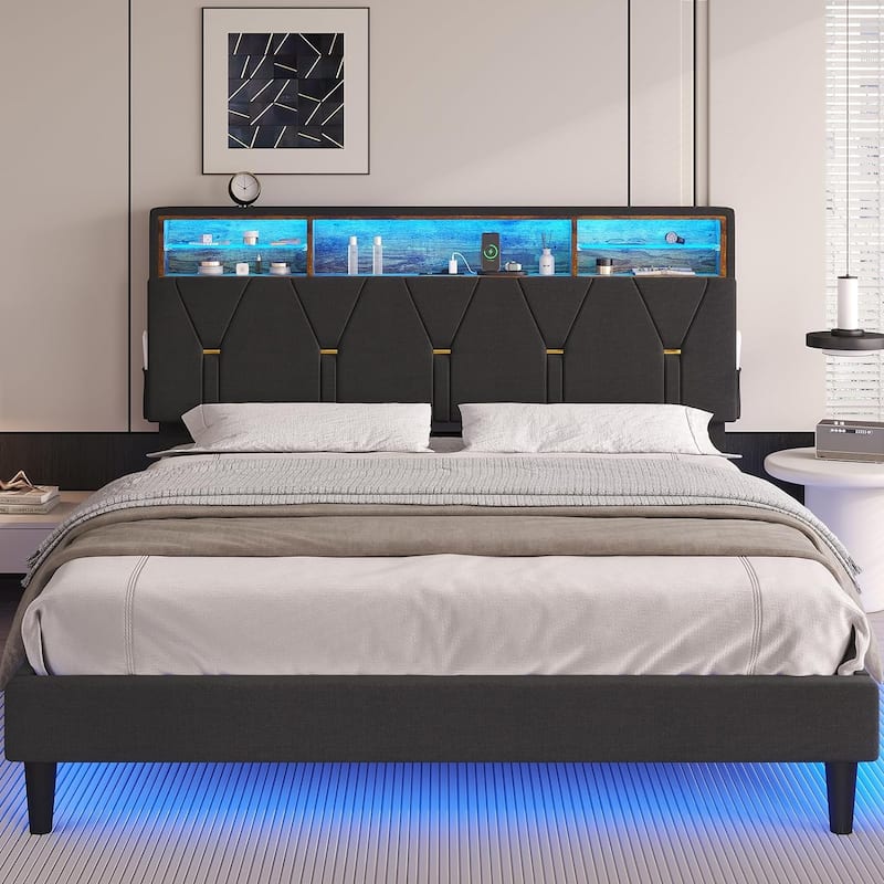 Bed Frame Storage Headboard RGB LED Lights Upholstered Platform - Grey - Queen