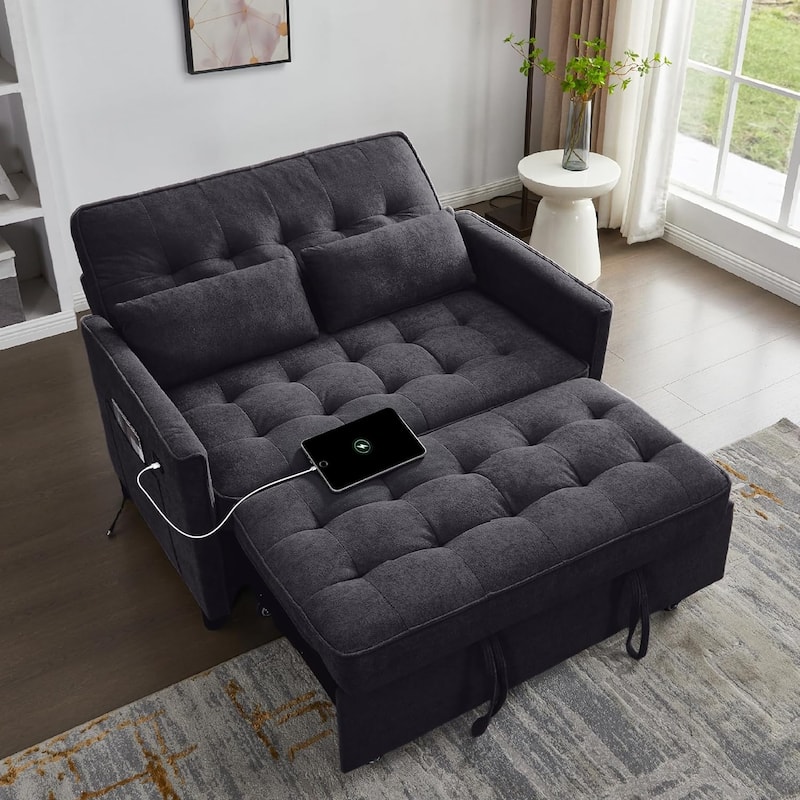 Convertible Sofa Bed,3 in 1 Pull Out Couch,Loveseat Sleeper with Adjustable Backrest,Side Pocket,USB Charging Port - Black