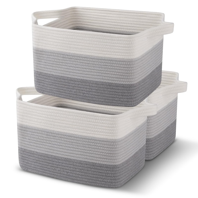 Cheer Collection 3 Piece Cotton Rope Storage Basket Set for Home Organization - Grey