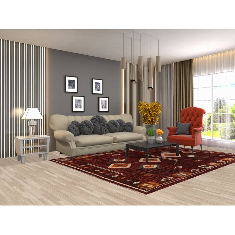 Hand Knotted Oriental 100% Wool Carpet Modern Tribal Red Moroccan Area Rug - 9' 7'' X 6' 10''