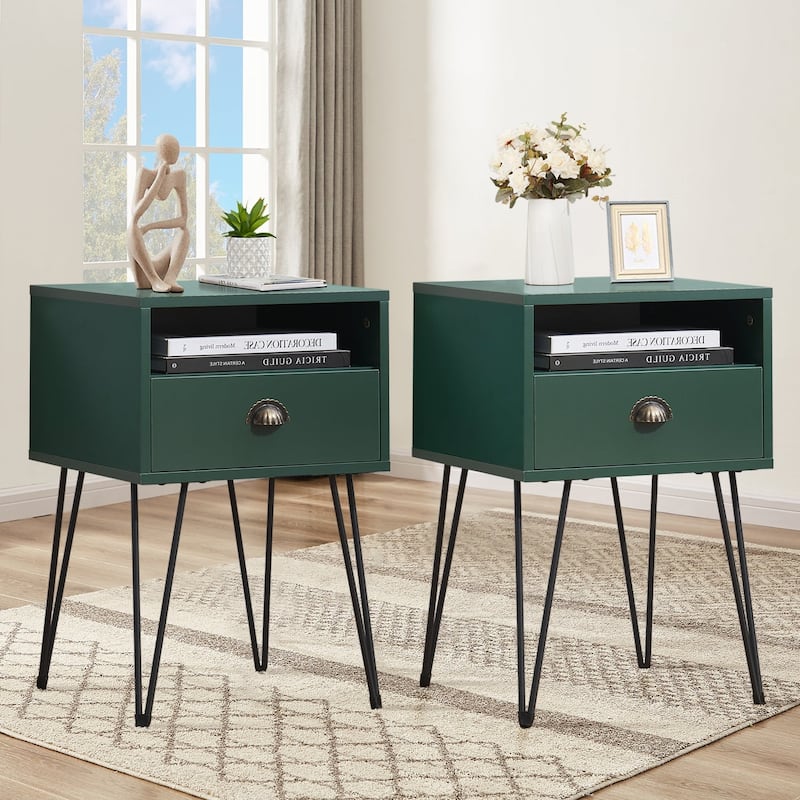 Taomika 2-Piece 1-Drawer Nightstand Set with Drawer Compact Open Shelf Bedside Table for Saving Space(Set of 2 ) - Green