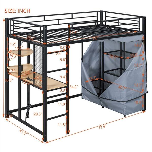 dimension image slide 3 of 4, Twin/Full Size Loft Bed with Bulit-in Desk and LED Light, Metal Loft Bedframe with Wardrobe, Storage Shelves and Power Outlet
