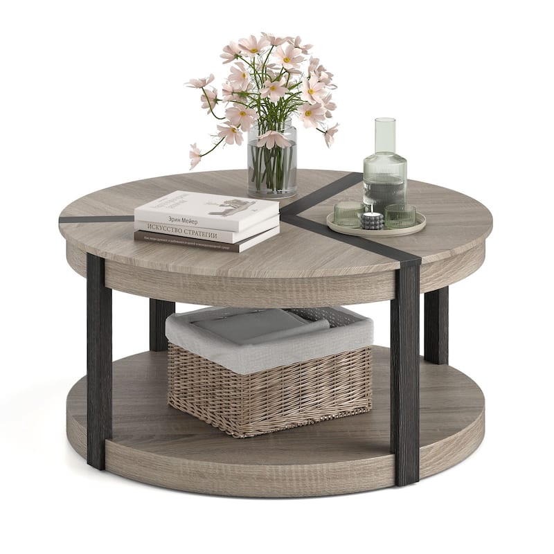 Gymax 34.5'' Rubber Wood Center Table w/Spacious Tabletop & Storage - Grey - Wood