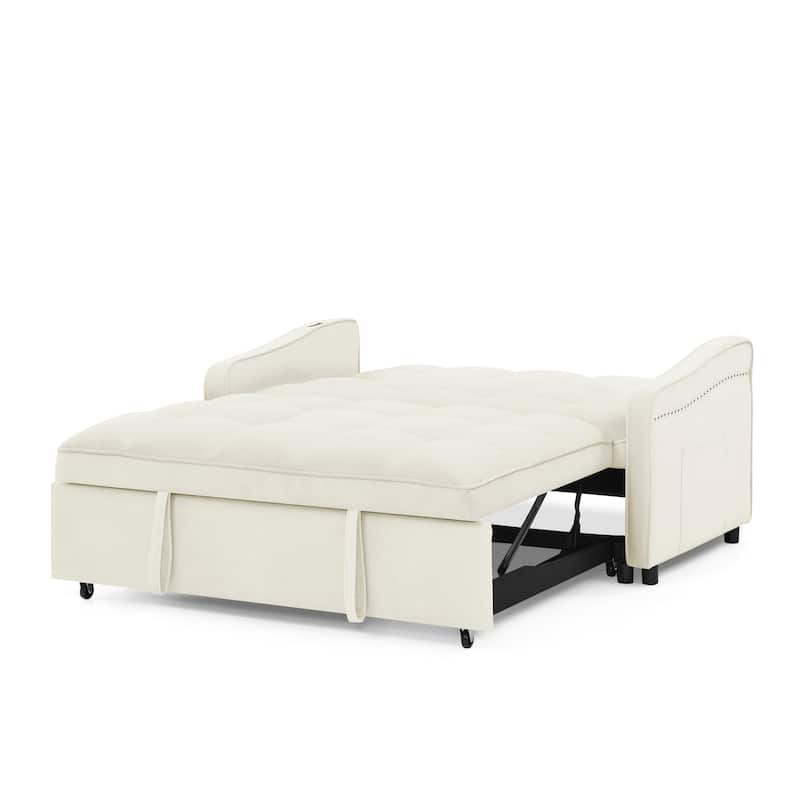 53" Foam Adjustable Loveseat Sofa Bed with Pull-Out Bed, USB/Type-C Charging, Copper Nail Trim, and Arm Storage Pockets