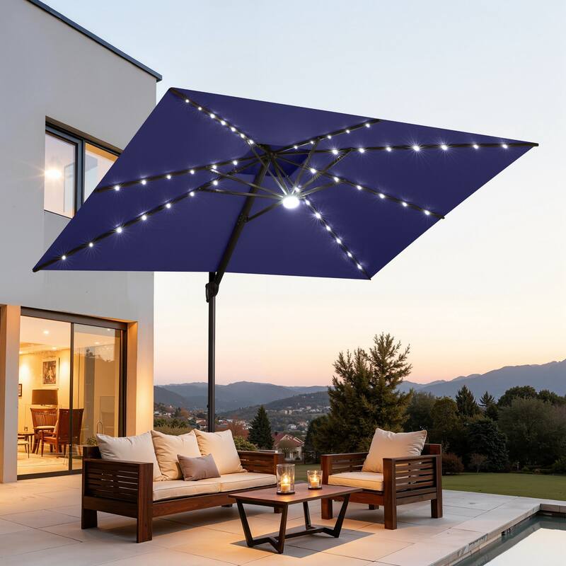 9 x11 FT Double Top Cantilever Patio Umbrella Large Rectangle with LED Lights - Navy Blue with Lights