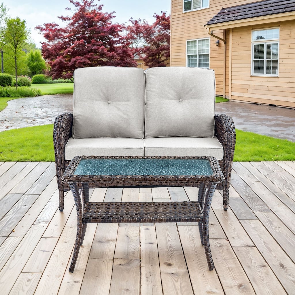 Outdoor Loveseat Sofa with Coffee Table Brown- Beige - Brown