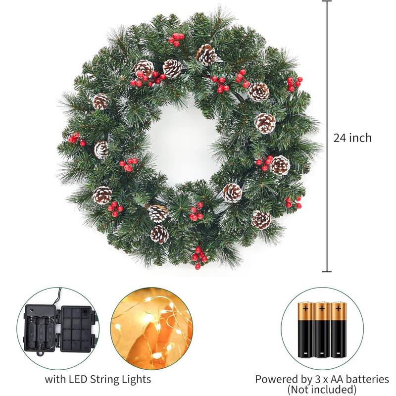 24 Inch Prelit Christmas Wreath for Front Door with Pine Cones