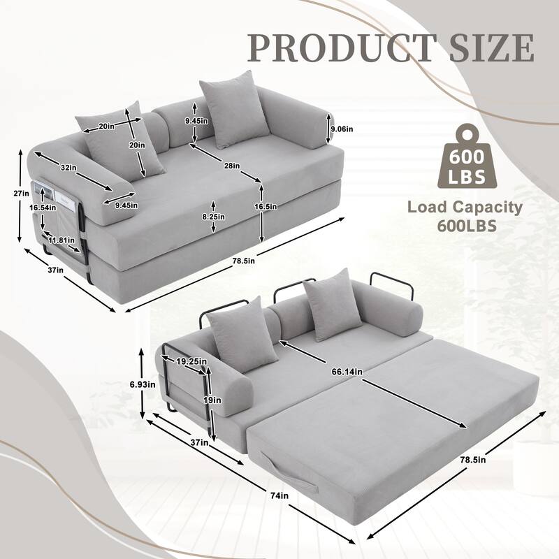 Foldable Modular Couch Sleeper Loveseat Sofa Bed with Storage Side Pocket, Detachable Metal Frame and Corduroy Fabric Cover