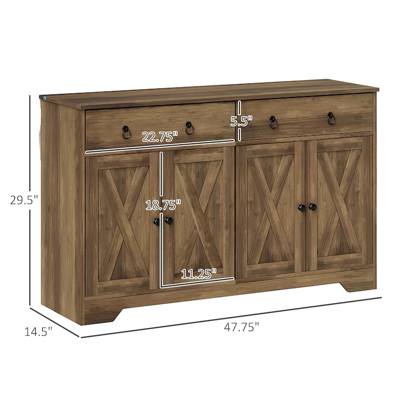 HOMCOM Sideboard, Buffet Cabinet with 2 Drawers, 2Storage Cabinets, 4 Barn-Style Doors and Adjustable Shelves, White