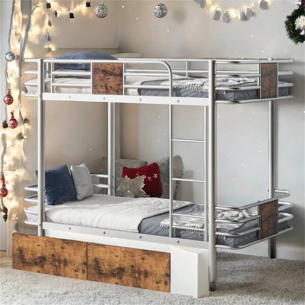 slide 2 of 12, Twin XL over Twin XL Metal Bunk Bed with MDF Board Guardrail and Two Storage Drawers Silver