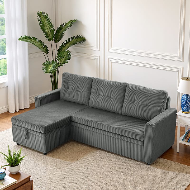 Tufted Convertible Corduroy/ Linen Modular Sectional Sofa with Storage Chaise - Corduroy-Grey