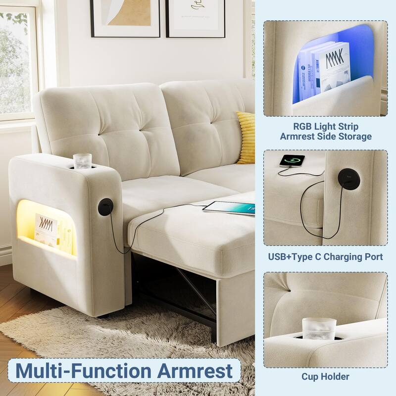 84 Inch Sleeper Sofa Couch, L-Shaped Sofa, Convertible Pull Out Sofa Bed with Storage, Charging Station, Led Lights