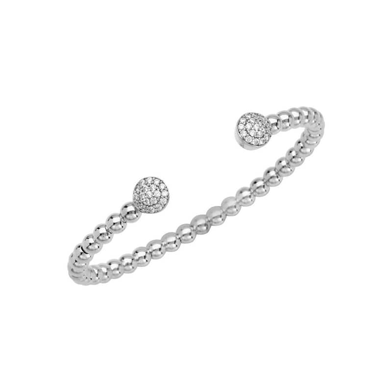 Curata 925 Sterling Silver Rhodium Plated Cubic Zirconia Endcap Bead Adjustable Cuff Bracelet