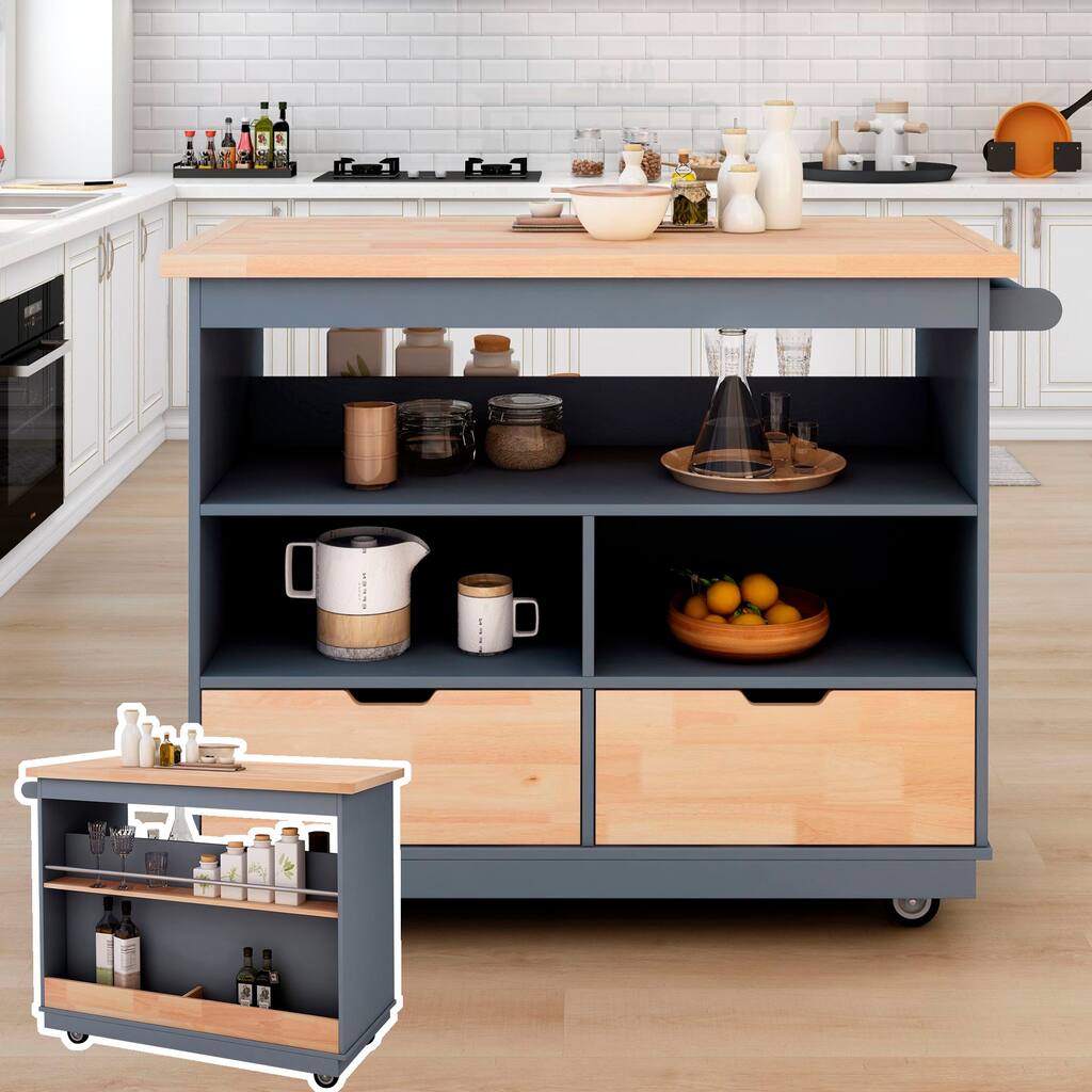 Rolling Kitchen Island with Storage, Two-Sided Wood Top Kitchen Cart on Wheels with 2 Drawers and 3 Open Compartments