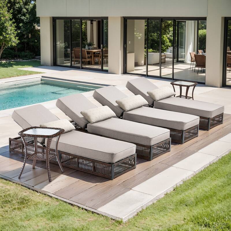 Pocassy 6 Pieces Patio Chaise Lounge Chair with Adjustable Backrest - Brown Wicker Beige Cushion