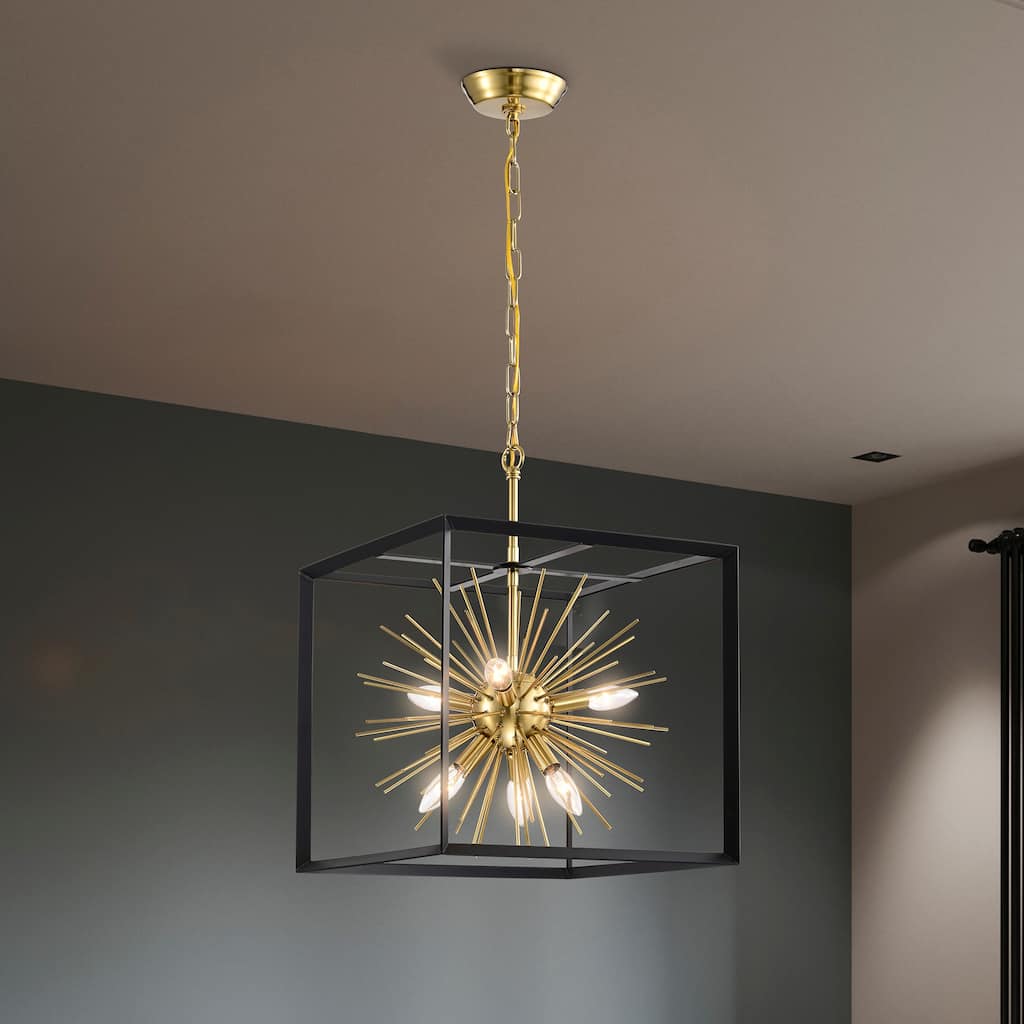 Antique Gold 6-Light Sputnik Black Cage Chandelier