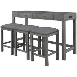 4-Piece Counter Height Dining Table Set with Drawer, Socket and Fabric ...