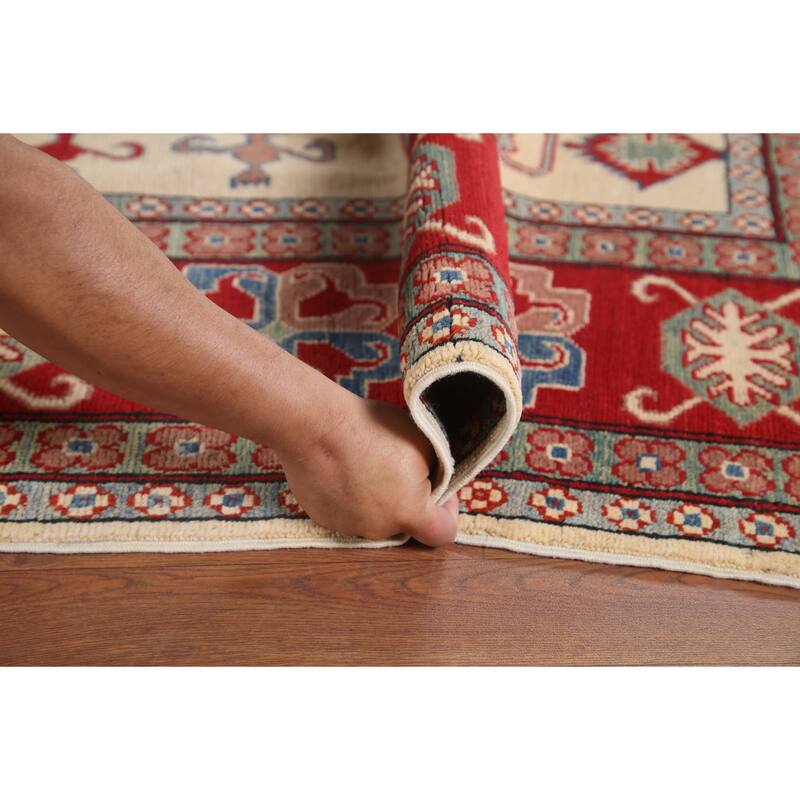 Hand Knotted Oriental 100% Wool Carpet Traditional Geometric Beige & Ivories Kazak Area Rug - 9' 8'' X 6' 6''