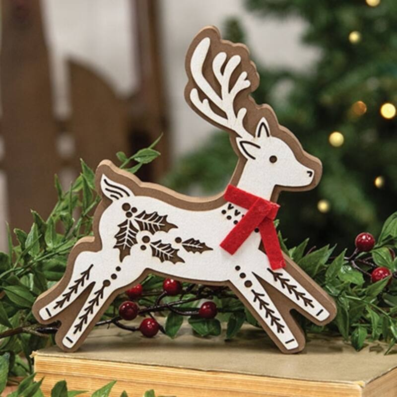 Rustic Laser Cut Reindeer Sitter with Holly Overlay - 6" x 1" x 6.50"