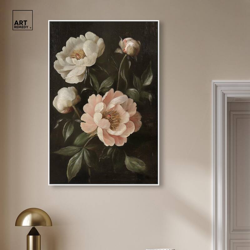 White Peonies in Dark II Canvas by Art Remedy