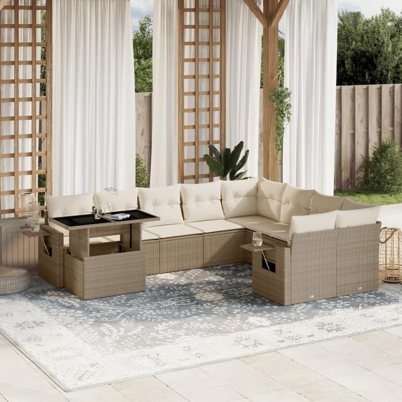 vidaXL Patio Sofa Set with Cushions Outdoor Furniture 10 Piece Poly Rattan - 24.4 x 24.4 x 27.2 - Beige and Cream