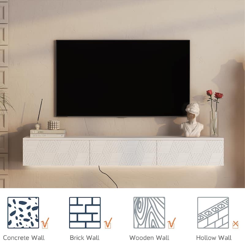 Modern Floating Wall-Mounted TV Cabinet, for 55, 60, and 65 Inch TVs, with 16-Color LED Lighting, for Living Rooms, White