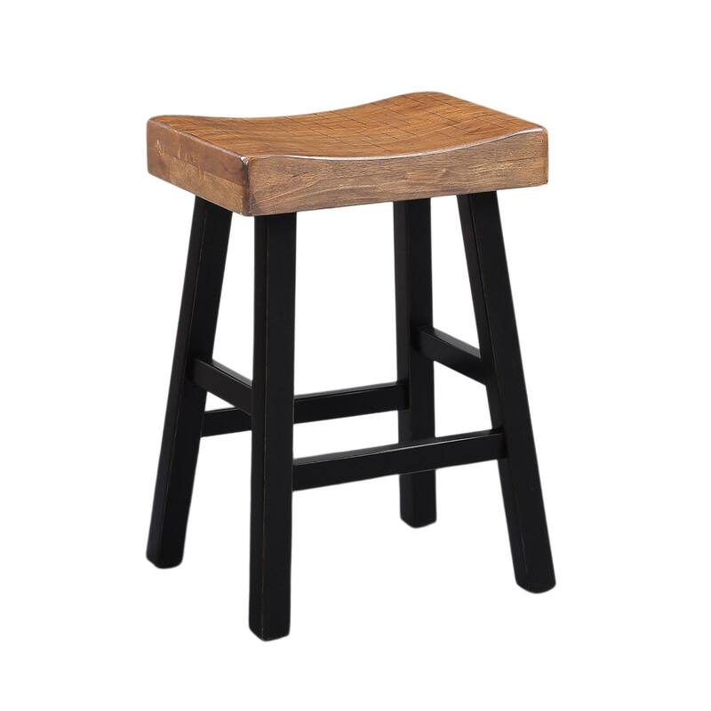Traditional Solid Wooden Stool Set of 2pc, Contour Seat Oak / Black 24"H