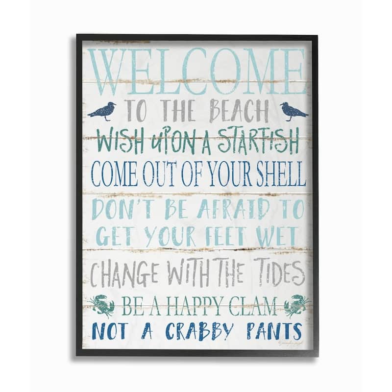 Stupell Welcome to the Beach Blue Aqua and White Planked Look Sign Framed Giclee Texturized Art by Jennifer Pugh - 24 x 30 - Black
