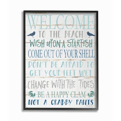 Stupell Welcome to the Beach Blue Aqua and White Planked Look Sign Framed Giclee Texturized Art by Jennifer Pugh