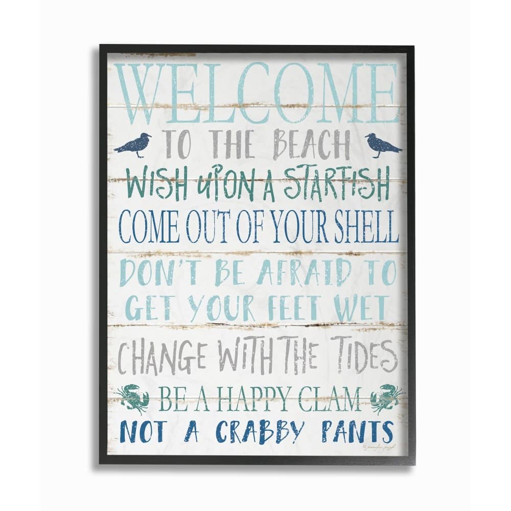 Stupell Welcome to the Beach Blue Aqua and White Planked Look Sign Framed Giclee Texturized Art by Jennifer Pugh