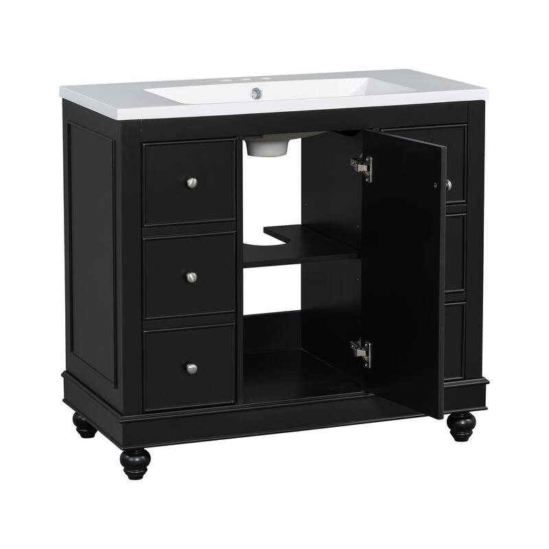 Black Multifunctional Storage Bathroom Vanity with Resin Integrated Sink, Removable Dividers, Adjustable U-shaped Shelf