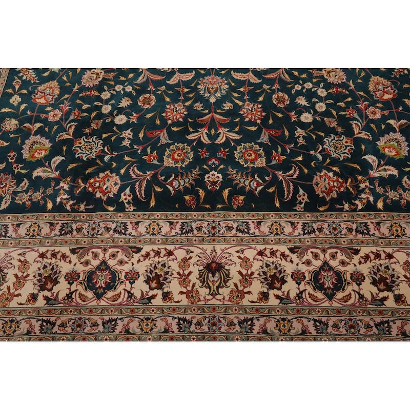 Hand Knotted Teal Persian Wool & Silk Traditional Oriental Area Rug - 10' x 13' 4''