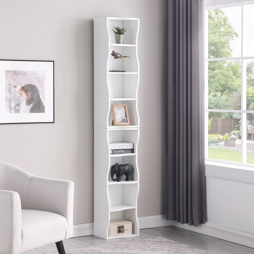 Anmytek White Wave Design Ladder Shelf - 8 Tier Tall Narrow Bookcase for Small Spaces with Anti Tip Kit